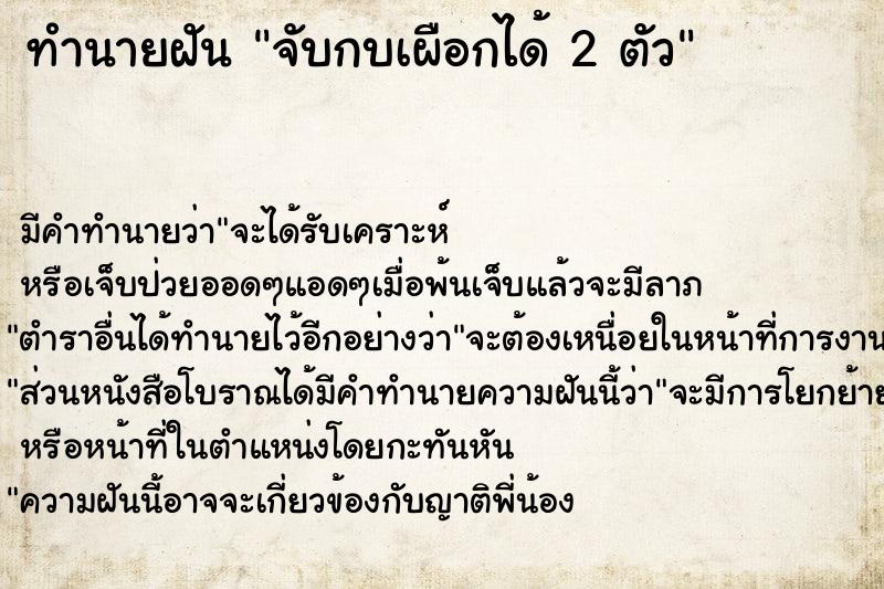 ทำนายฝันจับกบเผือกได้2ตัว ทำนายฝันทำนายฝันจับกบเผือกได้2ตัว